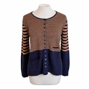Gudrun Sjoden Cardigan Navy Tan Stripe Button Front Pockets L Lagenlook Indie